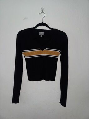 The SLOPE Black Rib-Knit Striped V-Neck Cropped Pullover Sweater Long M